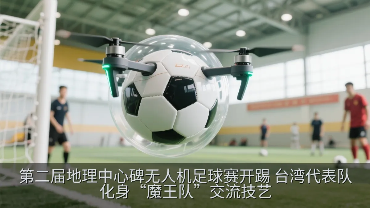 无人机足球选手在室内赛场进行团队攻防比赛。